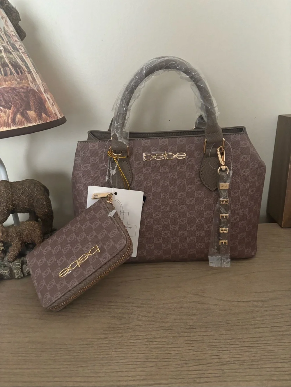 bebe Taupe Monogram Satchel with Matching Wallet
